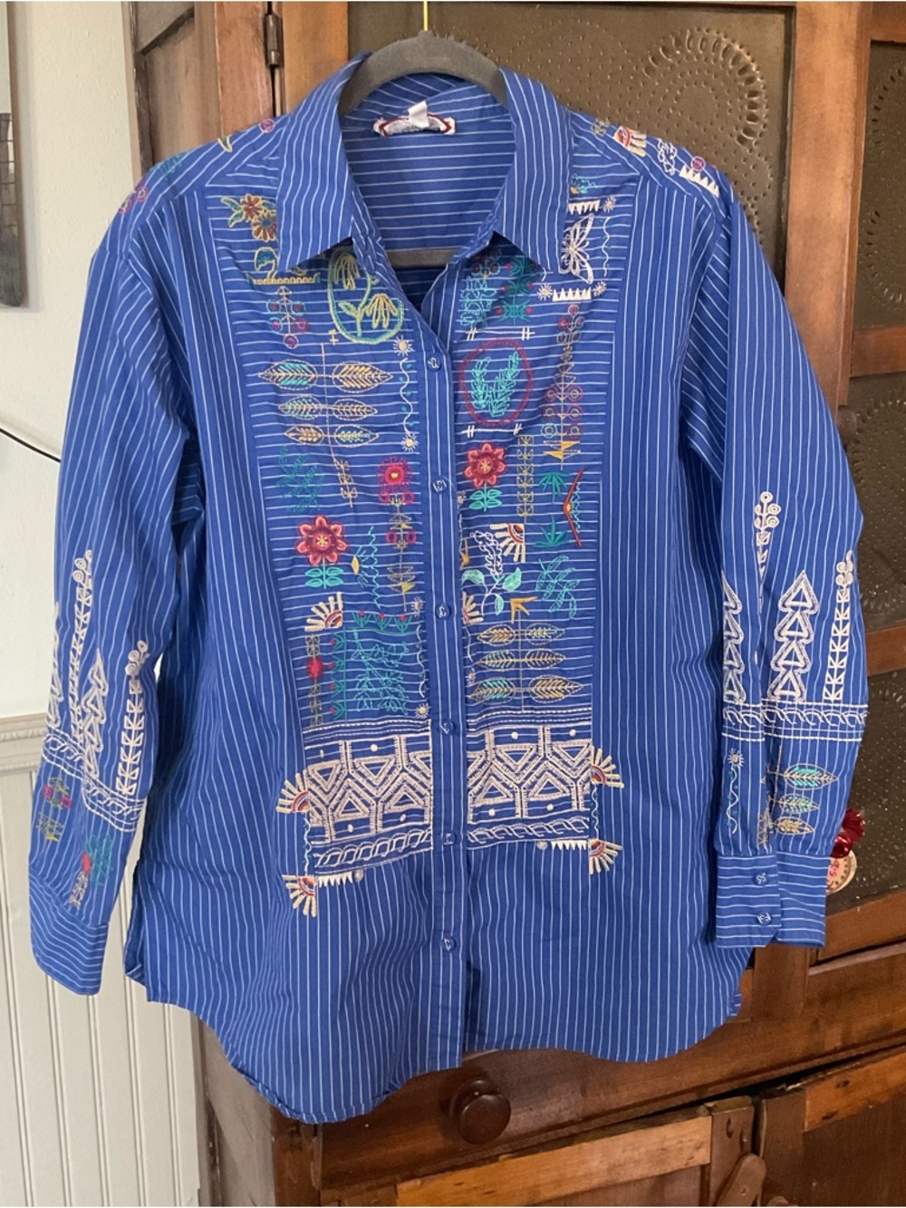 Johnny Was Blue Striped Embroidered Flower Butterfly Shirt L